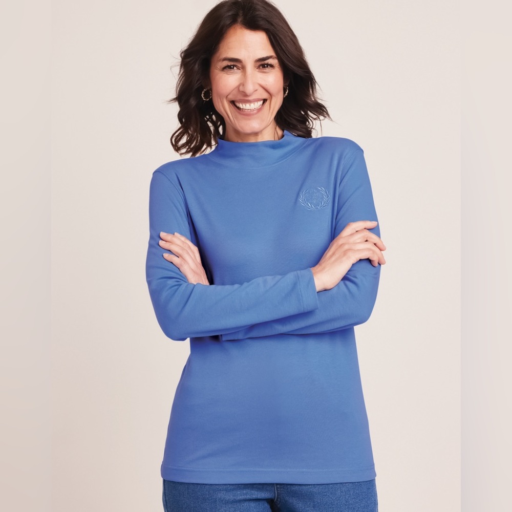 NWT Blue Essential Knit Long Sleeve Mock Top Petite S/M